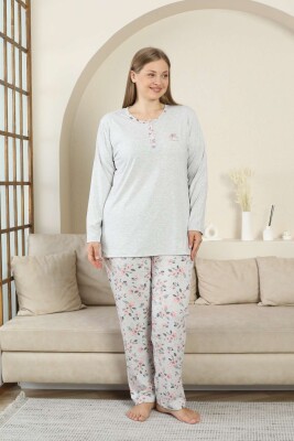 Bayan Pijama Takımı - Gri Çiçek Desen Uzun Kol Likralı Viskon 2875UY - 4