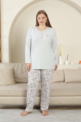 Bayan Pijama Takımı - Gri Çiçek Desen Uzun Kol Likralı Viskon 2875UY - 1