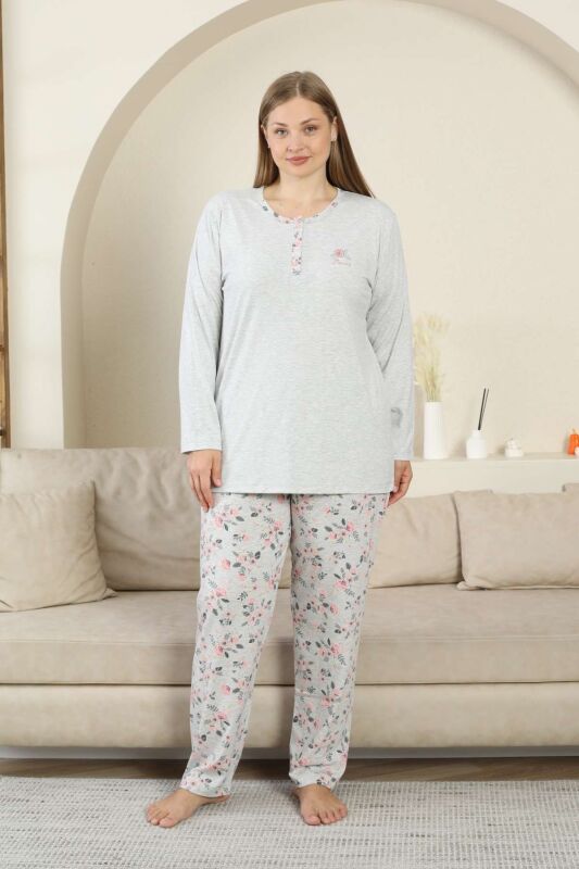 Bayan Pijama Takımı - Gri Çiçek Desen Uzun Kol Likralı Viskon 2875UY - 1