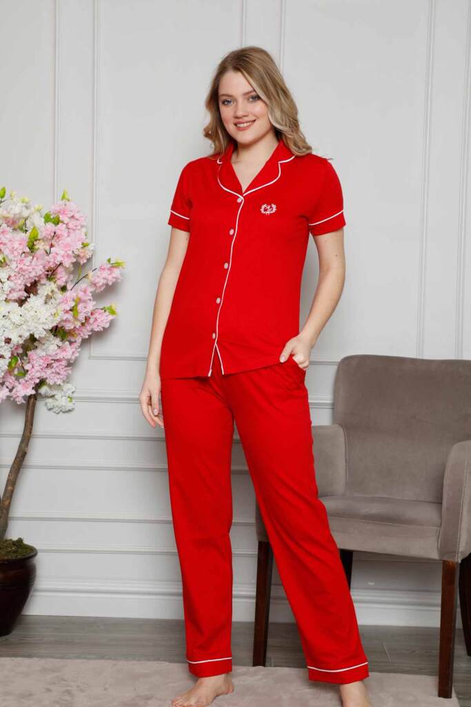 Bayan Pijama Takımı - Kırmızı Önden Düğmeli Likralı Penye 2577UYL - 4