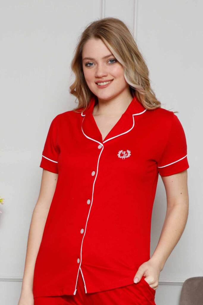 Bayan Pijama Takımı - Kırmızı Önden Düğmeli Likralı Penye 2577UYL - 2