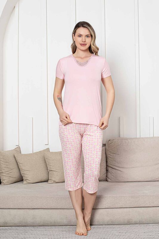 Bayan Pijama Takımı - Pembe Papatya Desen Kapri Likralı Viskon 2852B - 1