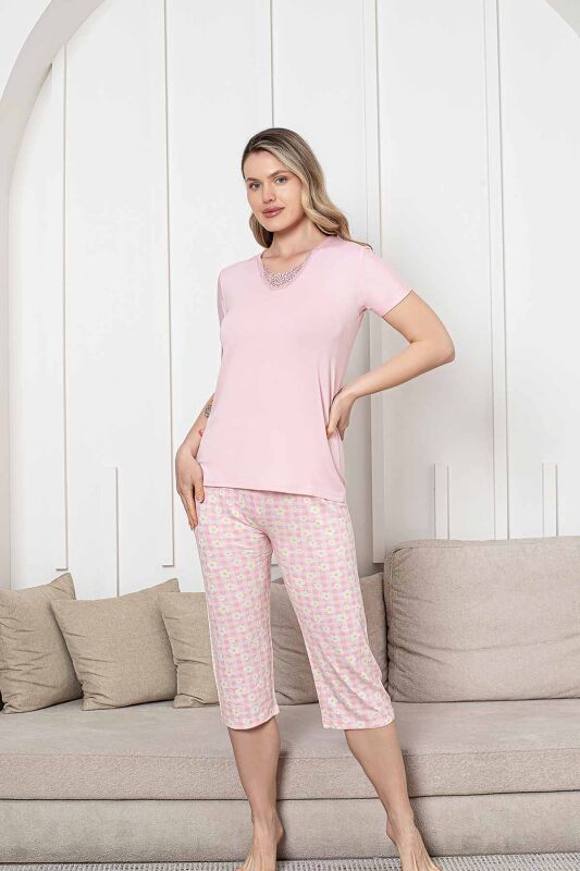 Bayan Pijama Takımı - Pembe Papatya Desen Kapri Likralı Viskon 2852B - 4