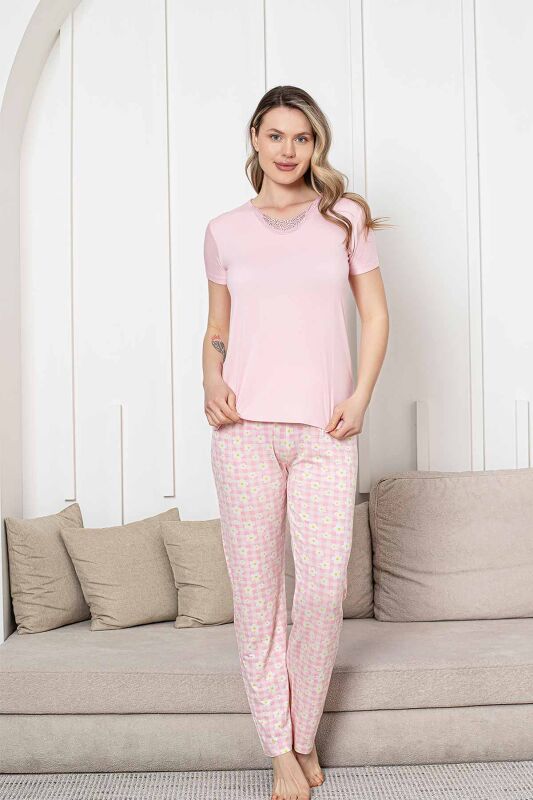 Bayan Pijama Takımı - Pembe Papatya Desen Kısa Kol Likralı Viskon 2852KY - 1