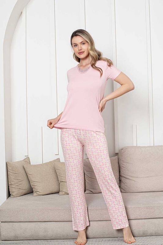 Bayan Pijama Takımı - Pembe Papatya Desen Kısa Kol Likralı Viskon 2852KY - 3