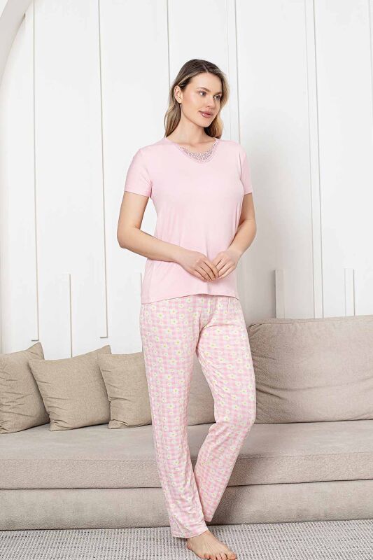 Bayan Pijama Takımı - Pembe Papatya Desen Kısa Kol Likralı Viskon 2852KY - 5