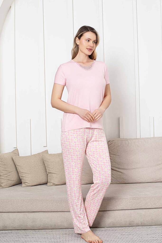 Bayan Pijama Takımı - Pembe Papatya Desen Kısa Kol Likralı Viskon 2852KY - 1