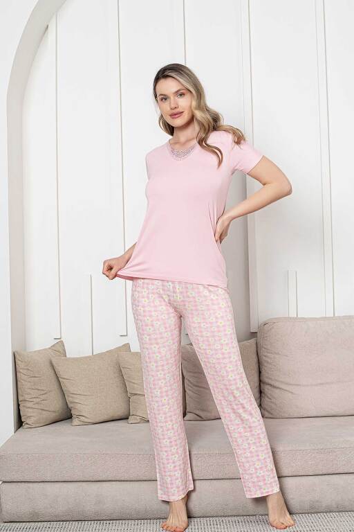 Bayan Pijama Takımı - Pembe Papatya Desen Kısa Kol Likralı Viskon 2852KY - 3