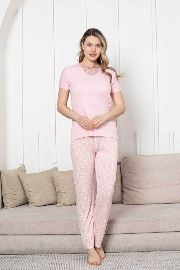 Bayan Pijama Takımı - Pembe Papatya Desen Kısa Kol Likralı Viskon 2852KY - 4