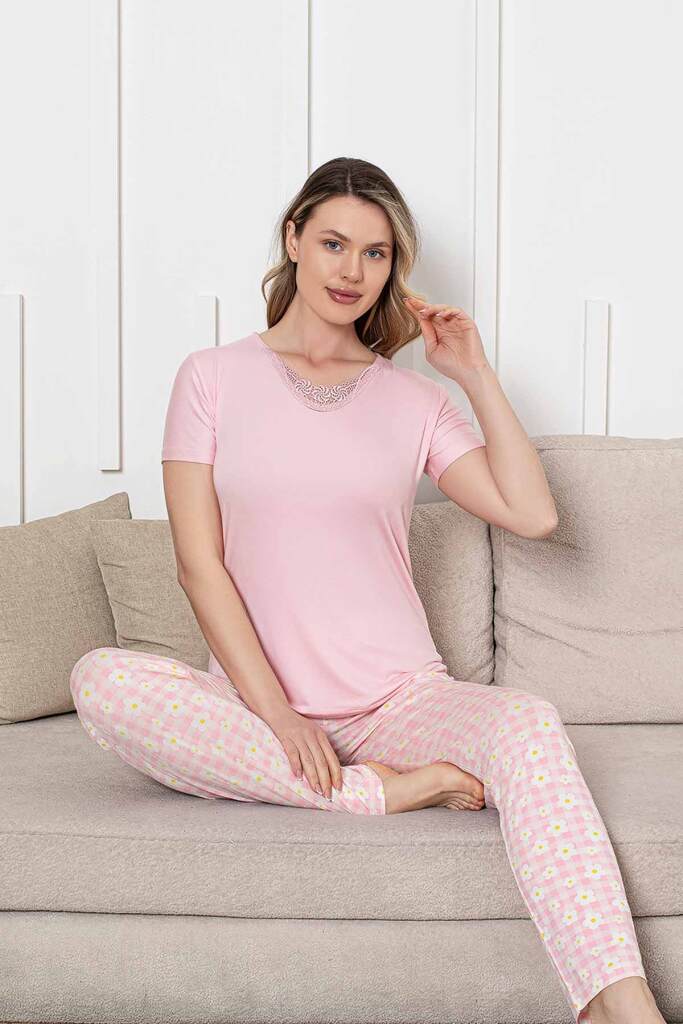Bayan Pijama Takımı - Pembe Papatya Desen Kısa Kol Likralı Viskon 2852KY - 2