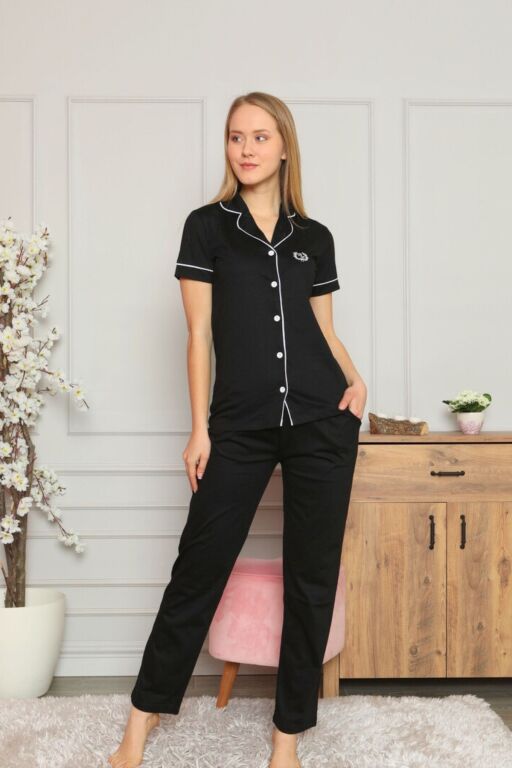 Bayan Pijama Takımı - Siyah Önden Düğmeli Likralı Penye 2577UYL - 1