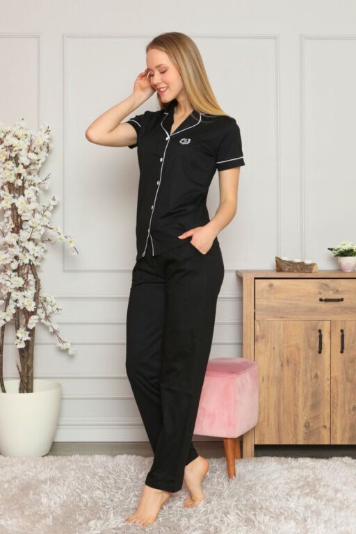 Bayan Pijama Takımı - Siyah Önden Düğmeli Likralı Penye 2577UYL - 4