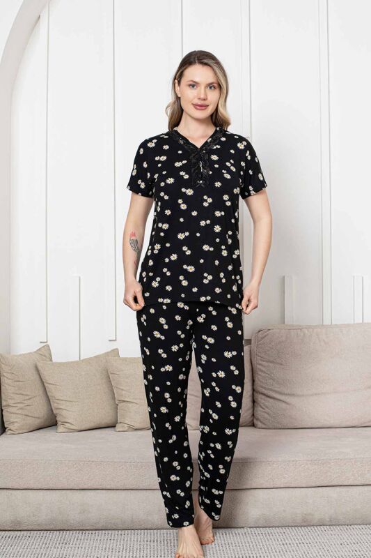 Bayan Pijama Takımı - Siyah Papatya Desen Kısa Kol Likralı Viskon 2855KY - 1