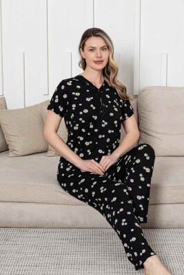 Bayan Pijama Takımı - Siyah Papatya Desen Kısa Kol Likralı Viskon 2855KY - 5