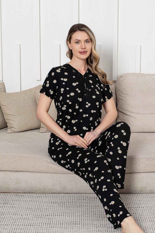 Bayan Pijama Takımı - Siyah Papatya Desen Kısa Kol Likralı Viskon 2855KY - 5