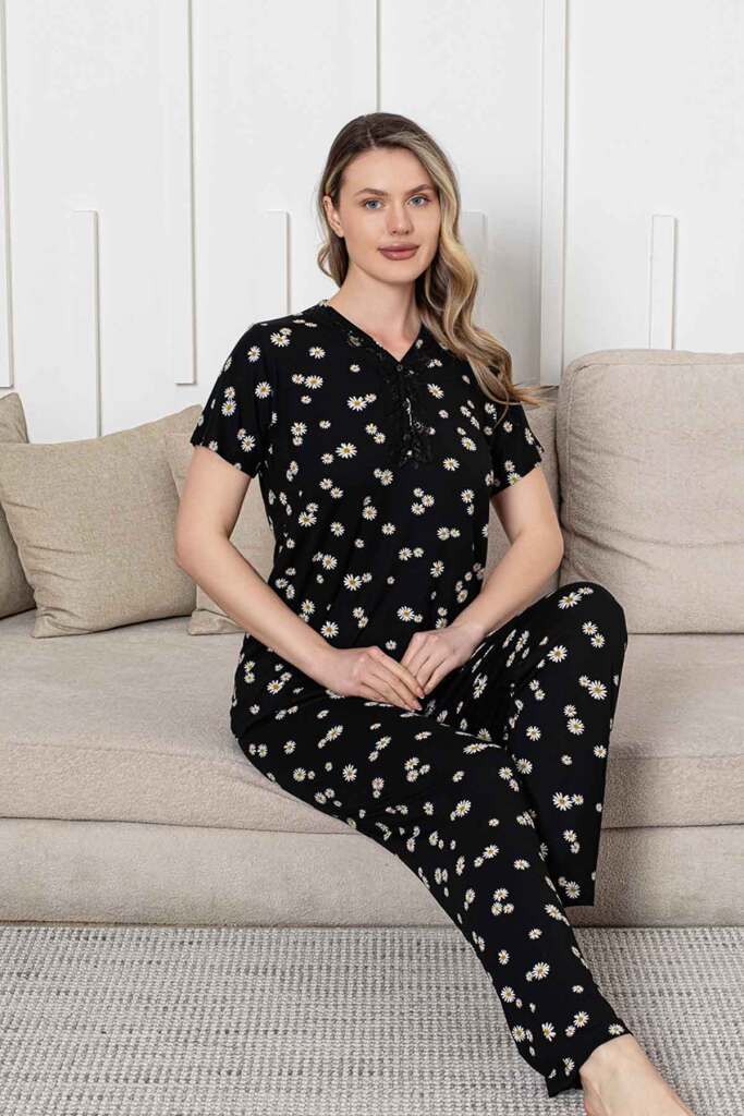 Bayan Pijama Takımı - Siyah Papatya Desen Kısa Kol Likralı Viskon 2855KY - 2