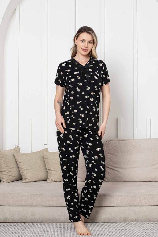 Bayan Pijama Takımı - Siyah Papatya Desen Kısa Kol Likralı Viskon 2855KY - 3