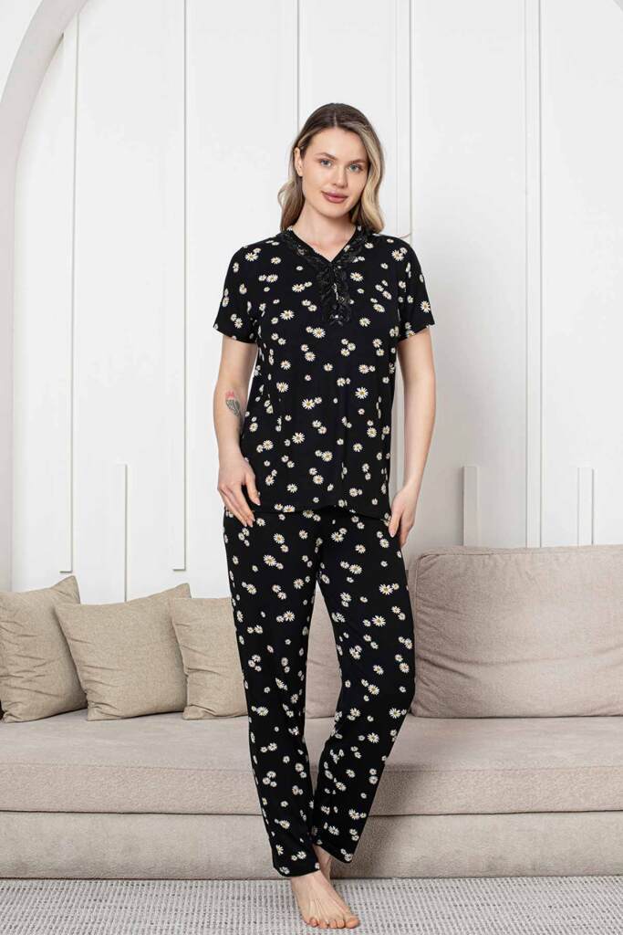 Bayan Pijama Takımı - Siyah Papatya Desen Kısa Kol Likralı Viskon 2855KY - 3
