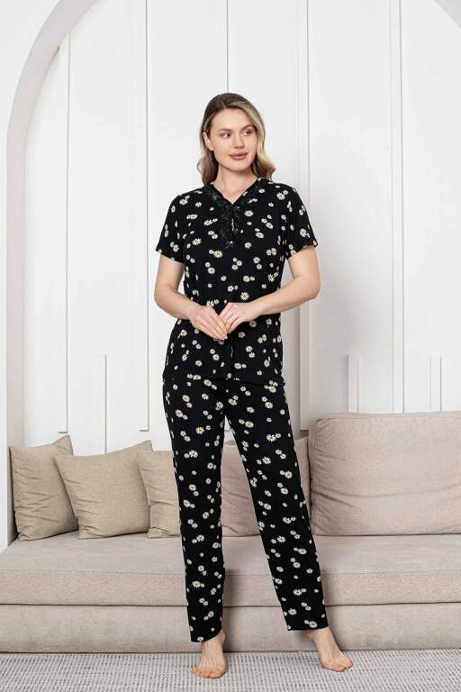 Bayan Pijama Takımı - Siyah Papatya Desen Kısa Kol Likralı Viskon 2855KY - Alimer