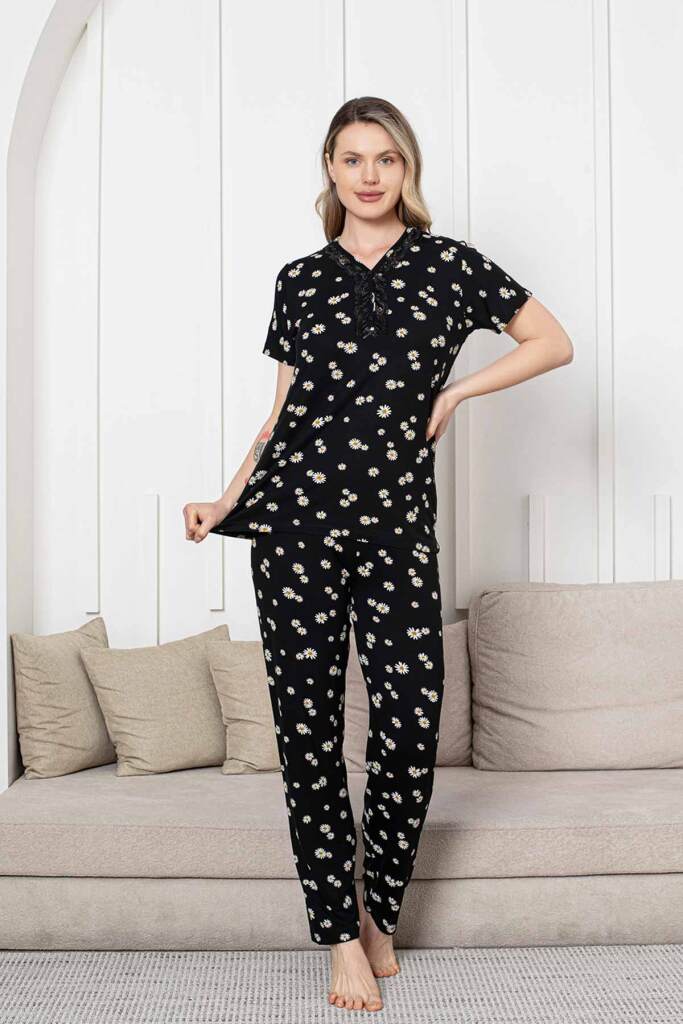 Bayan Pijama Takımı - Siyah Papatya Desen Kısa Kol Likralı Viskon 2855KY - 4