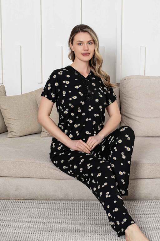 Bayan Pijama Takımı - Siyah Papatya Desen Kısa Kol Likralı Viskon 2855KY - Alimer (1)