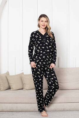 Bayan Pijama Takımı - Siyah Papatya Desen Uzun Kol Likralı Viskon 2855UY - 1