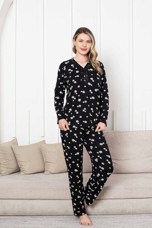 Bayan Pijama Takımı - Siyah Papatya Desen Uzun Kol Likralı Viskon 2855UY - 1