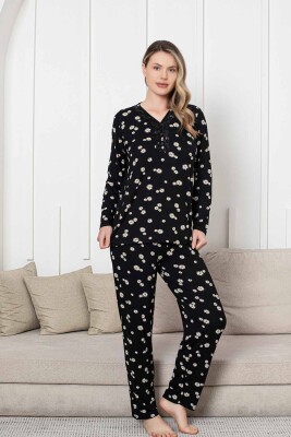 Bayan Pijama Takımı - Siyah Papatya Desen Uzun Kol Likralı Viskon 2855UY - 2