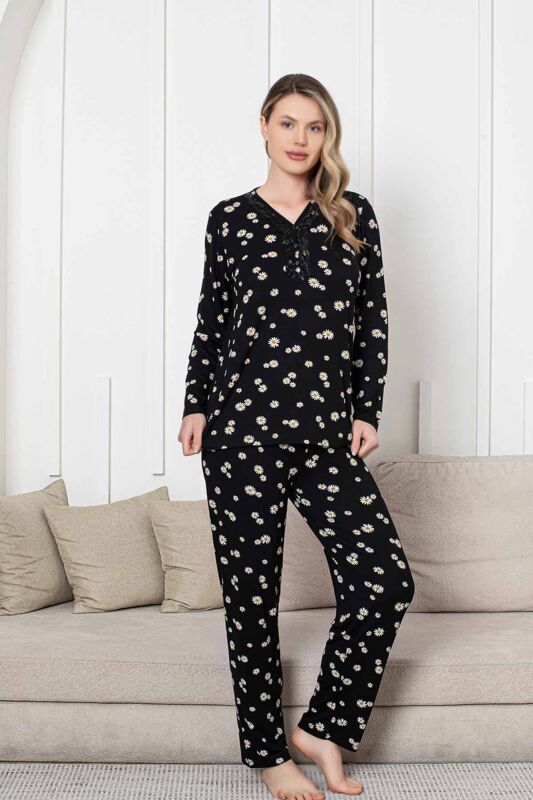 Bayan Pijama Takımı - Siyah Papatya Desen Uzun Kol Likralı Viskon 2855UY - 2