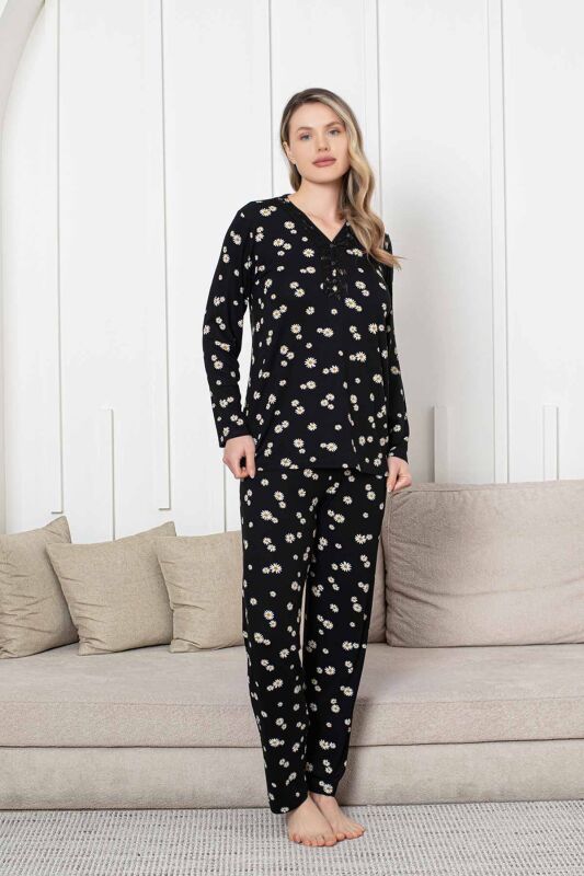 Bayan Pijama Takımı - Siyah Papatya Desen Uzun Kol Likralı Viskon 2855UY - 3