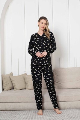 Bayan Pijama Takımı - Siyah Papatya Desen Uzun Kol Likralı Viskon 2855UY - 4