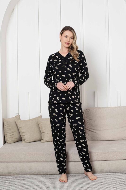 Bayan Pijama Takımı - Siyah Papatya Desen Uzun Kol Likralı Viskon 2855UY - 4