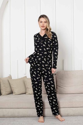 Bayan Pijama Takımı - Siyah Papatya Desen Uzun Kol Likralı Viskon 2855UY - 5