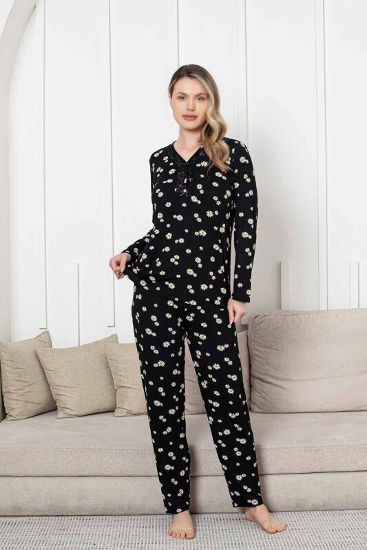 Bayan Pijama Takımı - Siyah Papatya Desen Uzun Kol Likralı Viskon 2855UY - 5