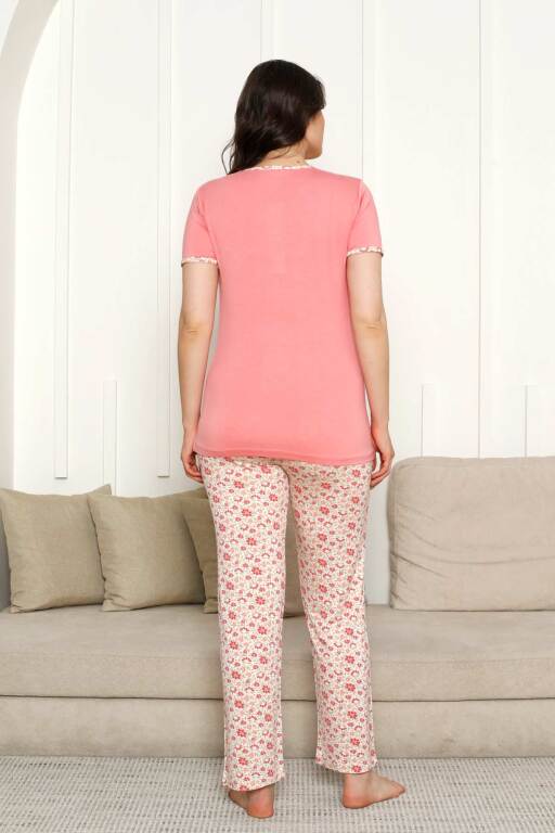Bayan Pijama Takımı - Somon Çiçek Desen Kısa Kol Likralı Viskon 2846KY - 4