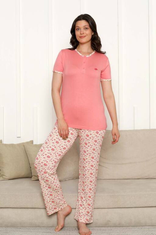 Bayan Pijama Takımı - Somon Çiçek Desen Kısa Kol Likralı Viskon 2846KY - 3