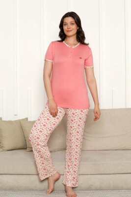 Bayan Pijama Takımı - Somon Çiçek Desen Kısa Kol Likralı Viskon 2846KY - Alimer (1)