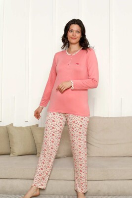 Bayan Pijama Takımı - Somon Çiçek Desen Uzun Kol Likralı Viskon 2846UY - Alimer (1)