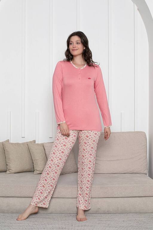 Bayan Pijama Takımı - Somon Çiçek Desen Uzun Kol Likralı Viskon 2846UY - Alimer