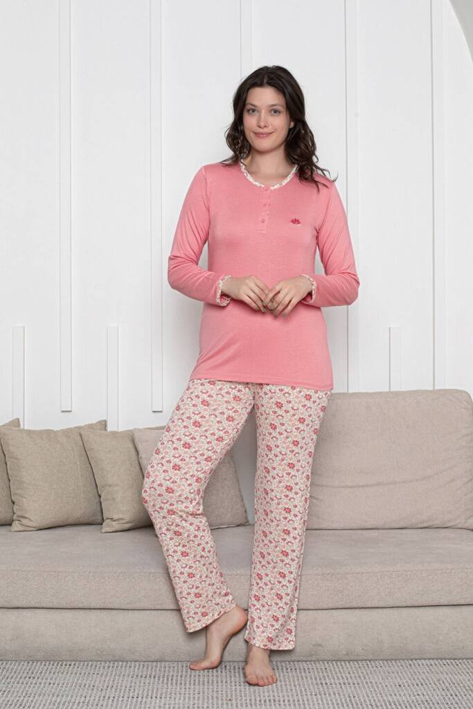 Bayan Pijama Takımı - Somon Çiçek Desen Uzun Kol Likralı Viskon 2846UY - 3