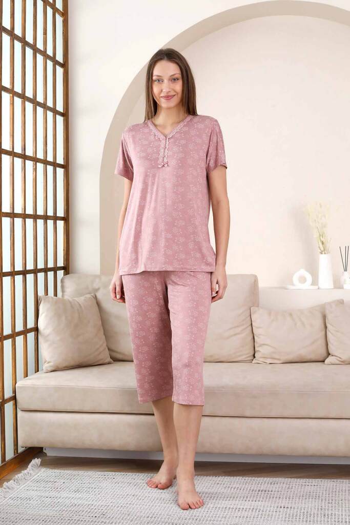 Bermuda Bayan Pijama Takımı - Gülkurusu Çiçek Desen Likralı Viskon 2851B - 3