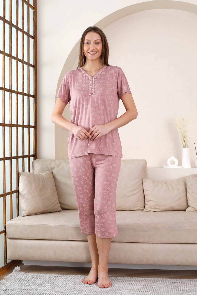 Bermuda Bayan Pijama Takımı - Gülkurusu Çiçek Desen Likralı Viskon 2851B - 1