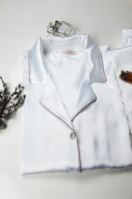 İpek Saten Boydan Düğmeli Kadın Pijama Takımı - Beyaz Erkek Yaka Fiyonklu 8004MS - Miss Merveille (1)