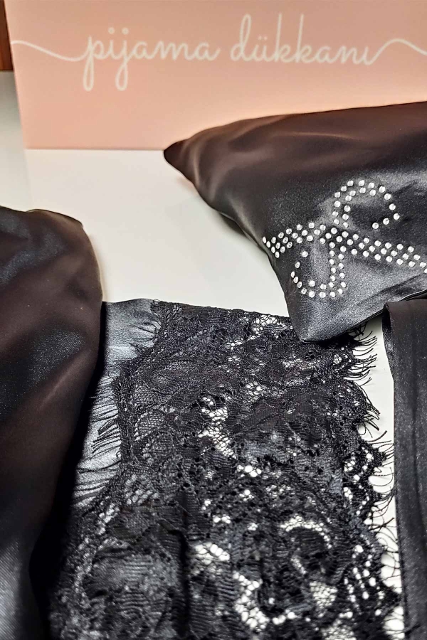 İpek Saten 8 li Çeyizlik Pijama Seti - Siyah Dantelli Sabahlık Gecelik Şort 8000MS - 8