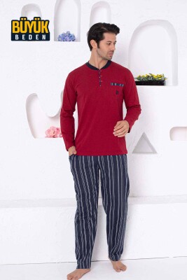 Bordo Büyük Beden Çizgili Erkek Pijama Takımı 1191UYB - 3