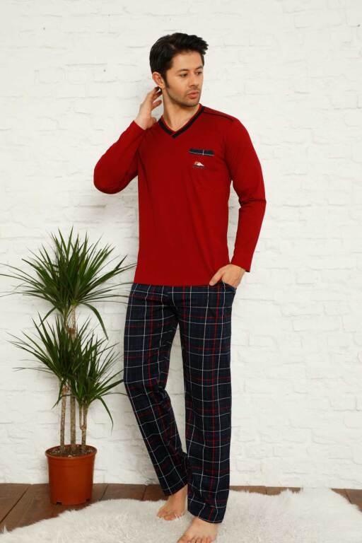Bordo Ekoseli Uzun Kollu Erkek Pijama Takımı 1167UY - Alimer