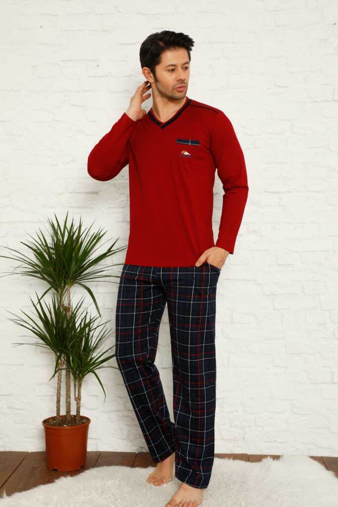 Bordo Ekoseli Uzun Kollu Erkek Pijama Takımı 1167UY - 1