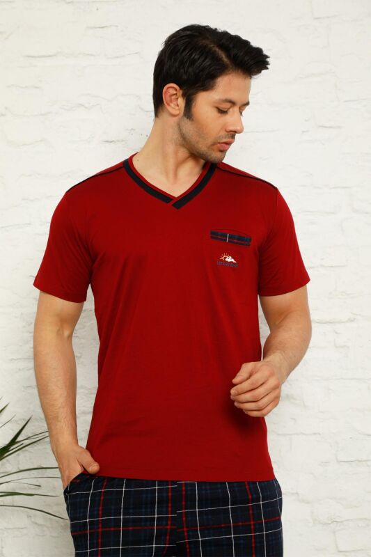 Bordo Ekoseli Kısa Kollu Erkek Pijama Takımı 1167KY - 2