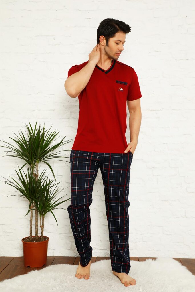 Bordo Ekoseli Kısa Kollu Erkek Pijama Takımı 1167KY - 3