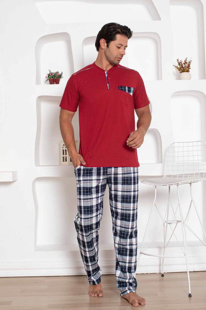 Bordo Kareli Uzun Kollu Erkek Pijama Takımı 1207KY - 1